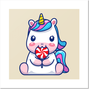 Cute Unicorn Eating Lollipop Cartoon Posters and Art